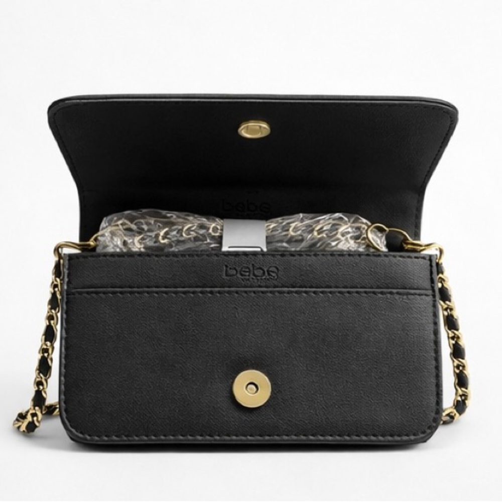 Bebe Black Quilted Crossbody Wallet Bag Gold Logo Chain Strap NWT - Picture 2 of 6